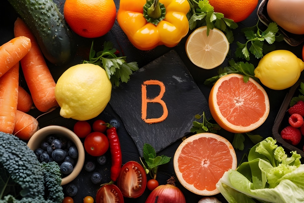 assortment of vibrant produce on dark background with vitamin b