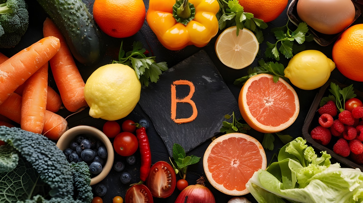 assortment of vibrant produce on dark background with vitamin b