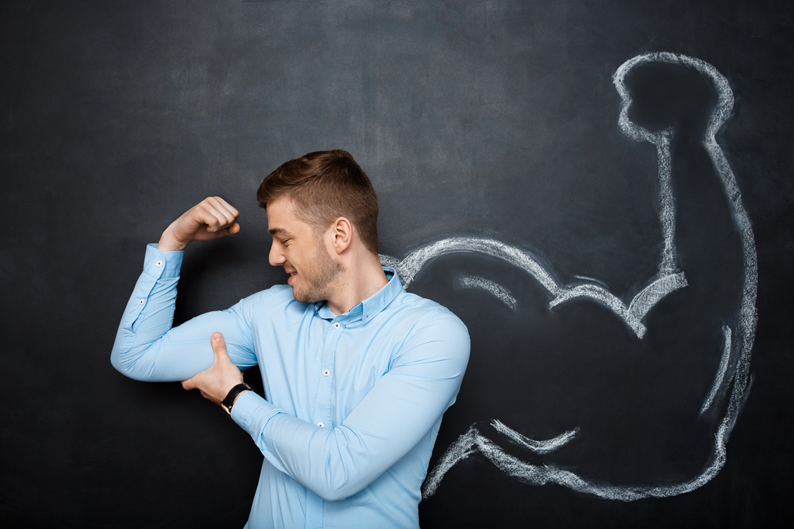 picture of funny man with fake muscle arms